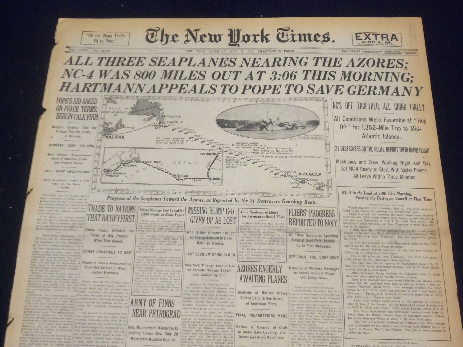 1919 MAY 17 NEW YORK TIMES - ALL 3 SEAPLANES NEARING THE AZORES - NT 9250