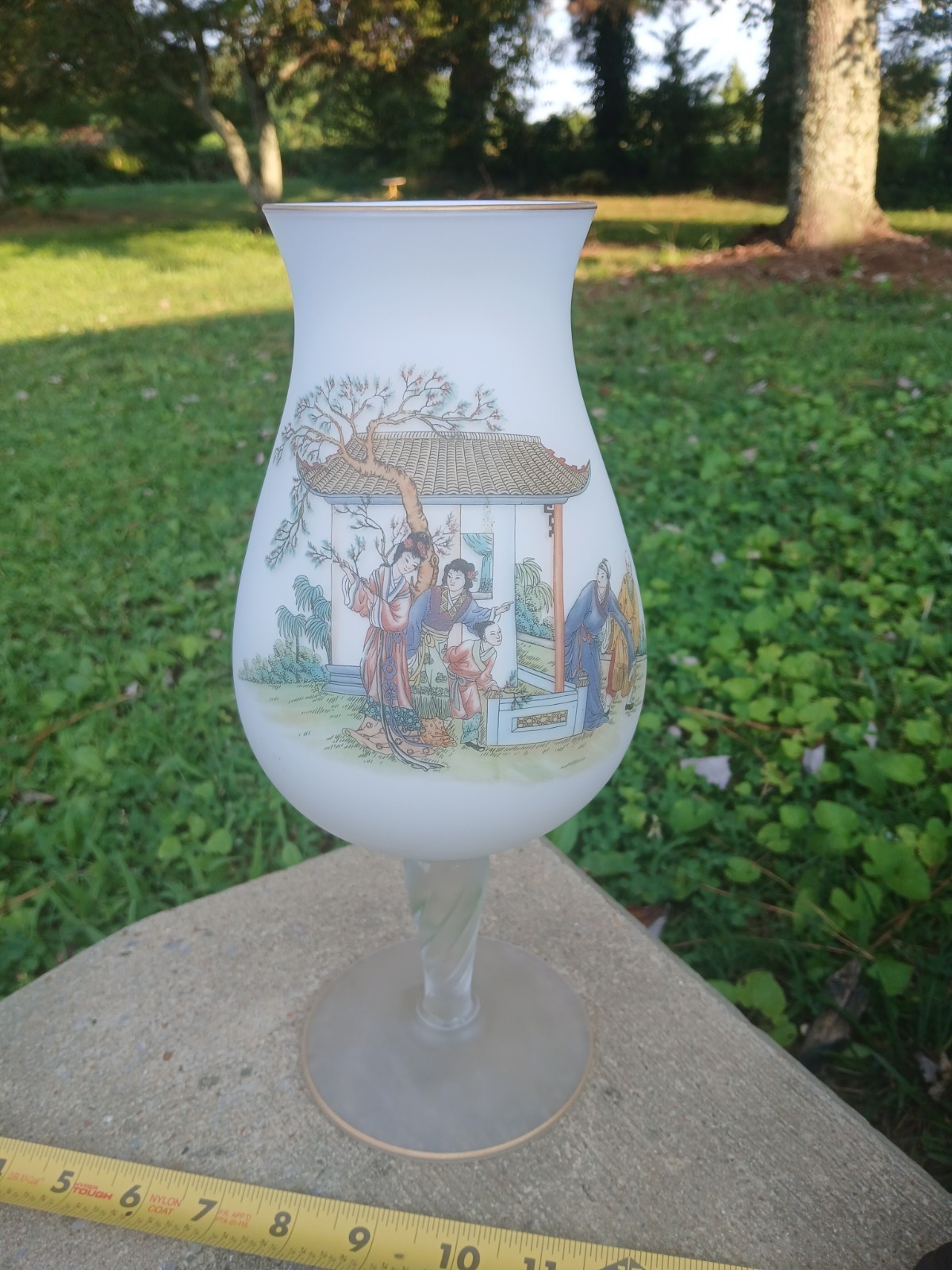 Vintage Norleans White Satin Glass Vase featuring a twisted stem and an Asian...