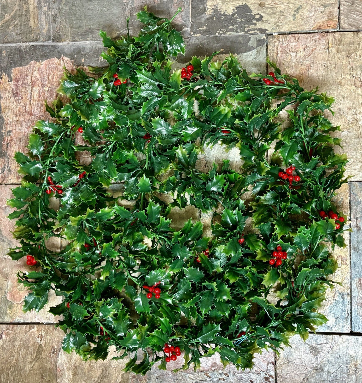 Vintage Mid-Century Christmas Garland 12 Ft Soft Plastic Holly Red Berries