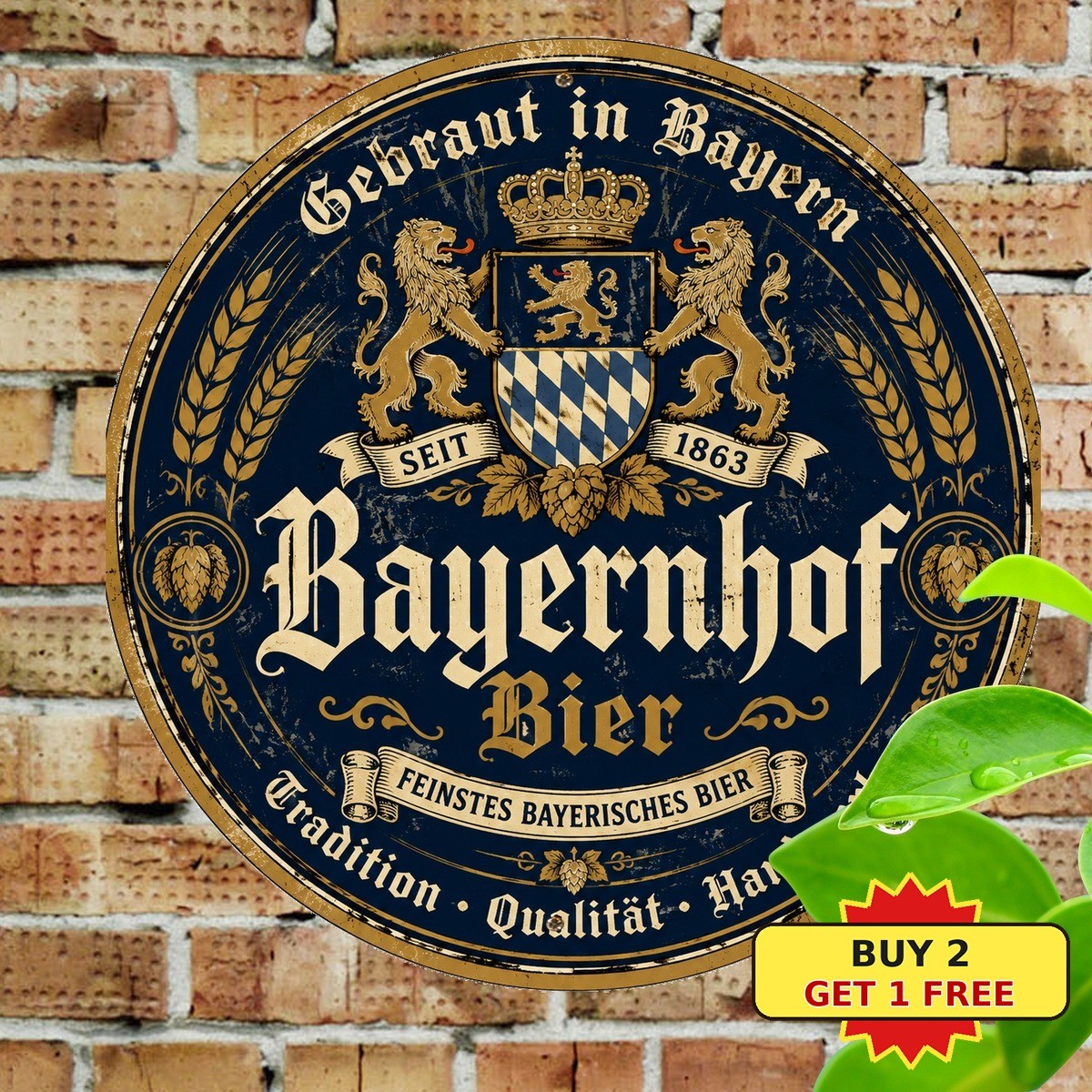 Bavarian Beer Logo Sign Vintage German Brewery Round Metal Plaque 8x8