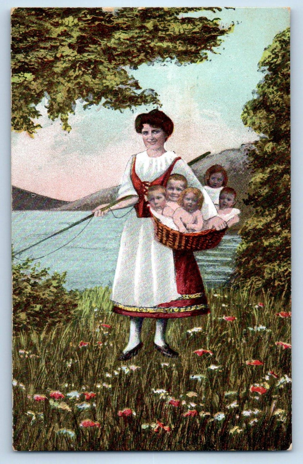 c1910\'s Woman With Babies Basket Surreal Fantasy Lake Scene Antique Postcard