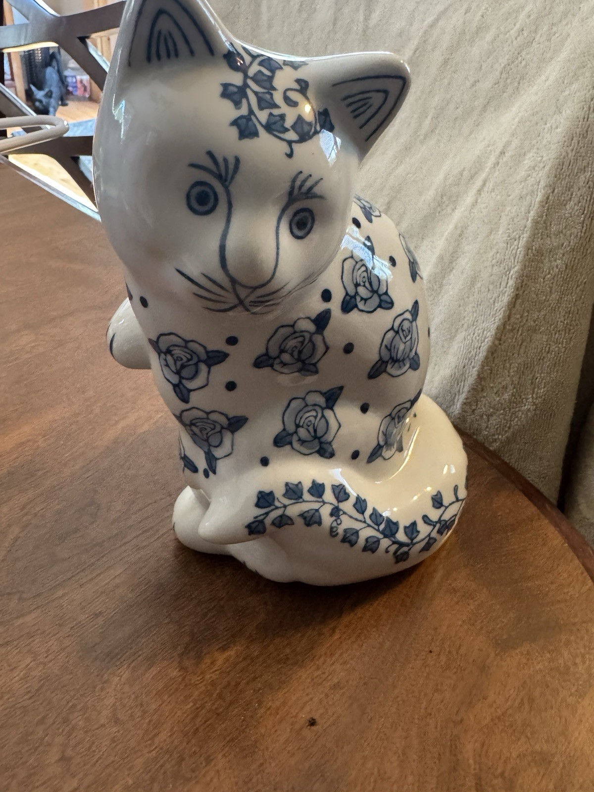 TWO VINTAGE GANZ, BLUE AND WHITE FLORAL, CERAMIC CAT FIGURINES