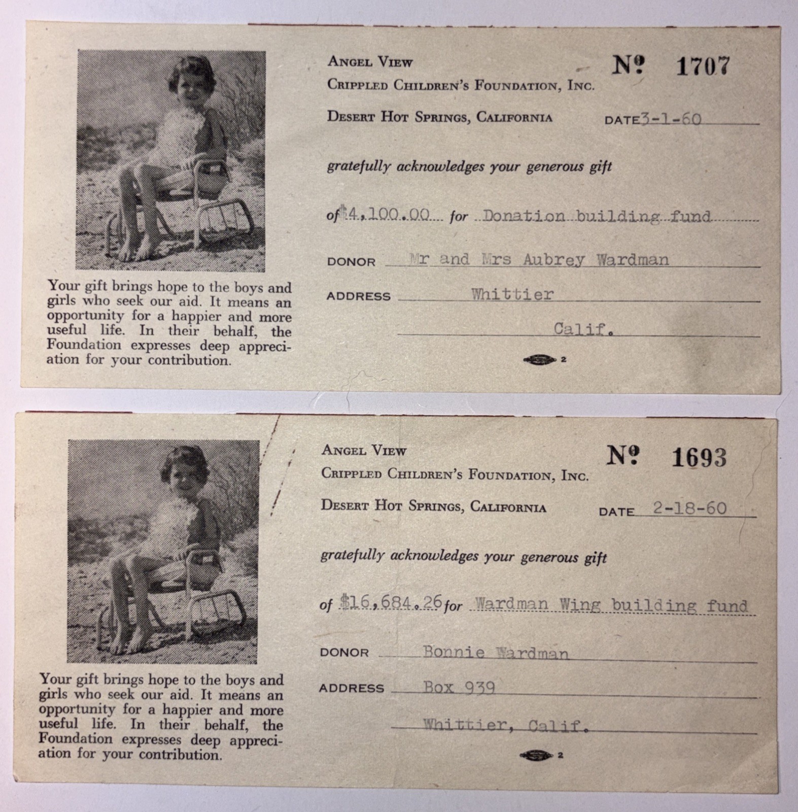 1960 Angel View Donation Cards – Bonnie & Aubrey Wardman Wing Desert Hot Springs