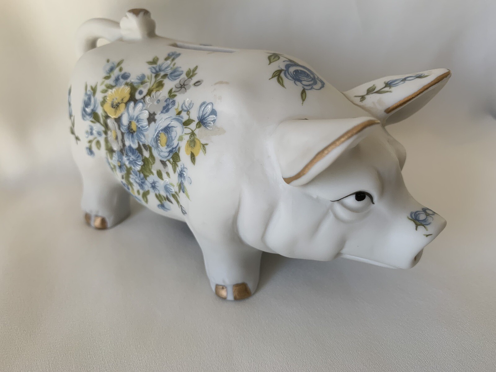 Piggy Bank Pig Figurine Hand Painted Blue Country Vtg Decor Decoration Porcelain