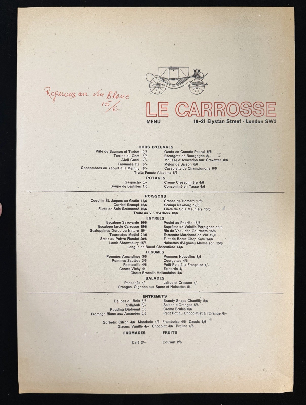 Vintage Le Carrosse London French Restaurant Menu Chelsea Recipe Sheet SW3
