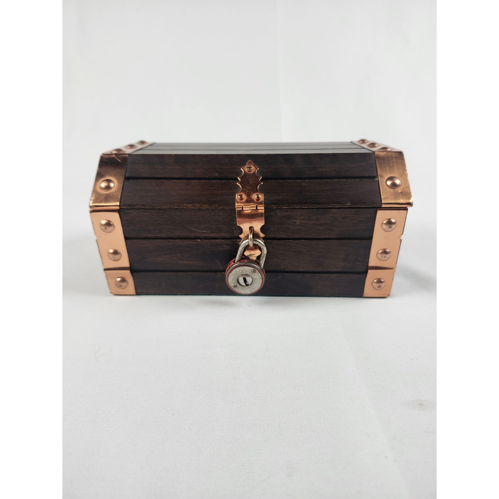 Vintage Wooden Treasure Chest Jewelry Box Japan Copper Accents Velvet Lining