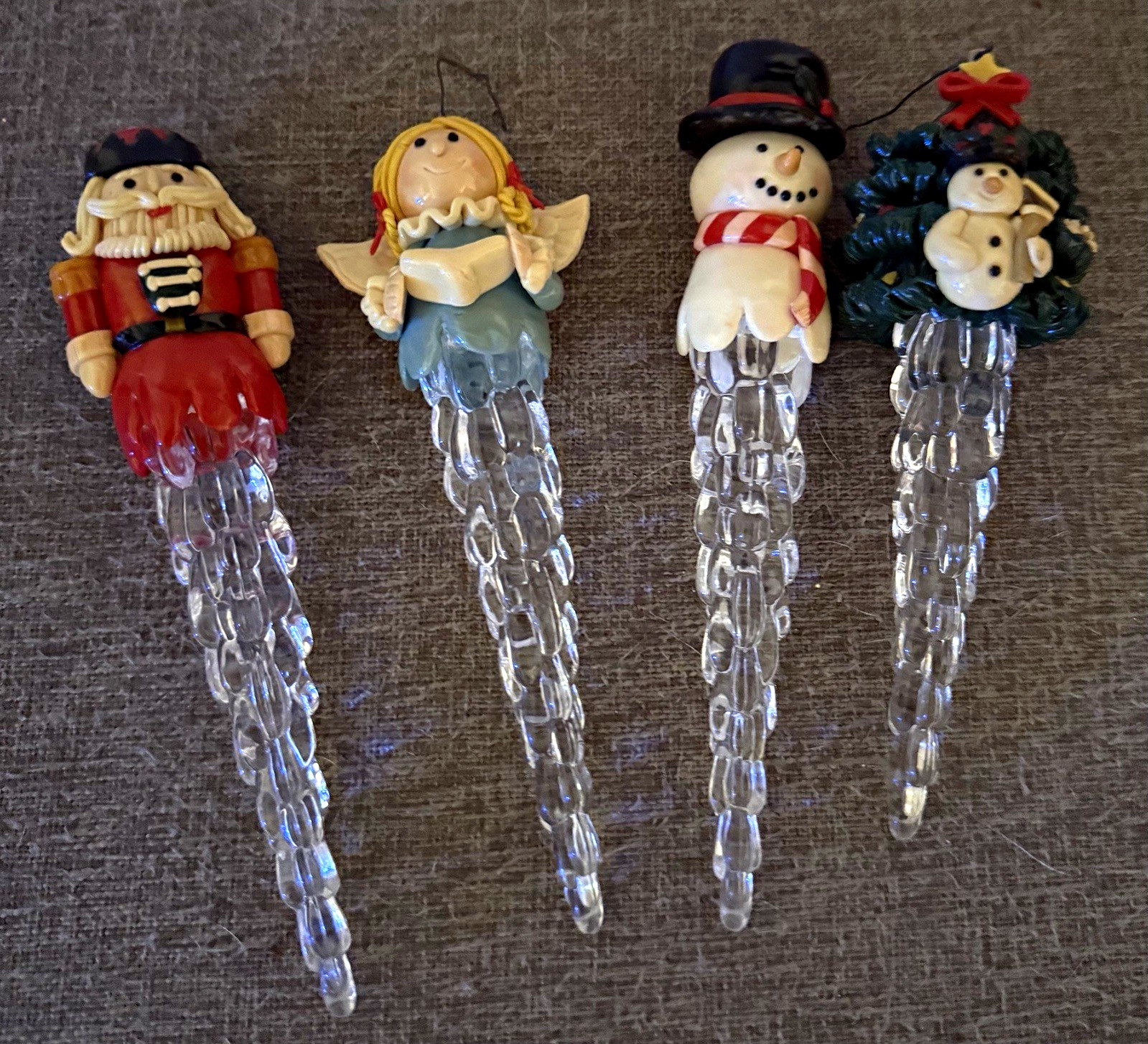 Set of 4 Vintage Icicle Christmas Tree Ornaments Angel Soldier Tree Snowman