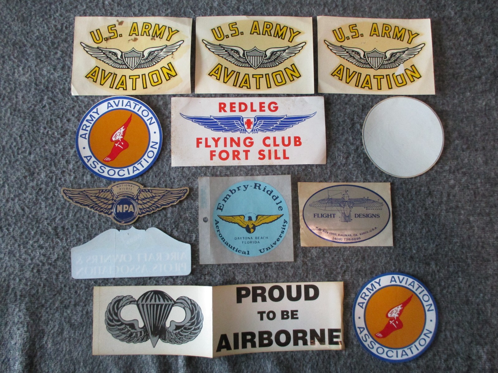 VTG AVIATION DECAL STICKER (12)-NPA ARMY AVIATION EMBRY RIDDLE AIRBORNE REDLEG