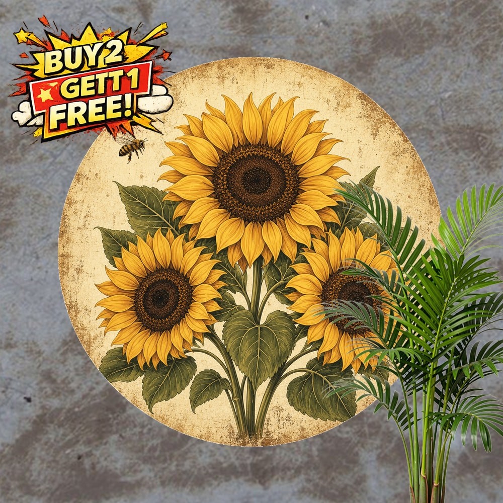 Sunflower Bee Three Bouquet Floral Art Round Metal Tin Wall Plaque 8x8