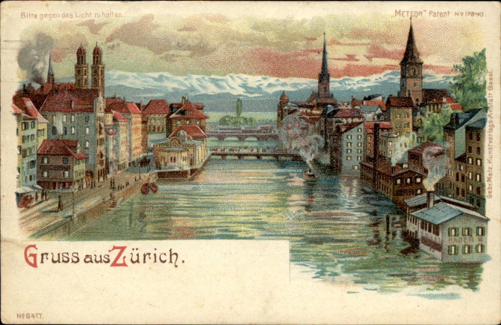 Gruss Aus Zurich Cityscape Meteor c1905 HTL Hold to Light Postcard bhn