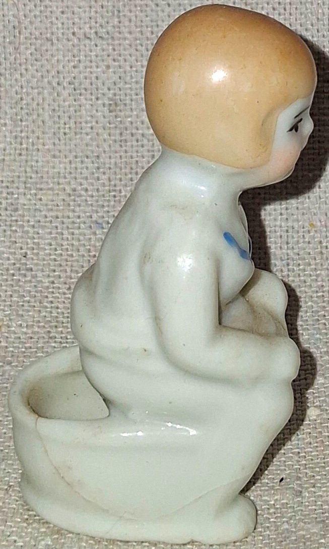Vintage Japan Porcelain Baby Figurine on Chamber Pot, Glossy Glazed White Vintage Japan Porcelain Baby Figurine on Chamber Pot, Glossy Glazed White