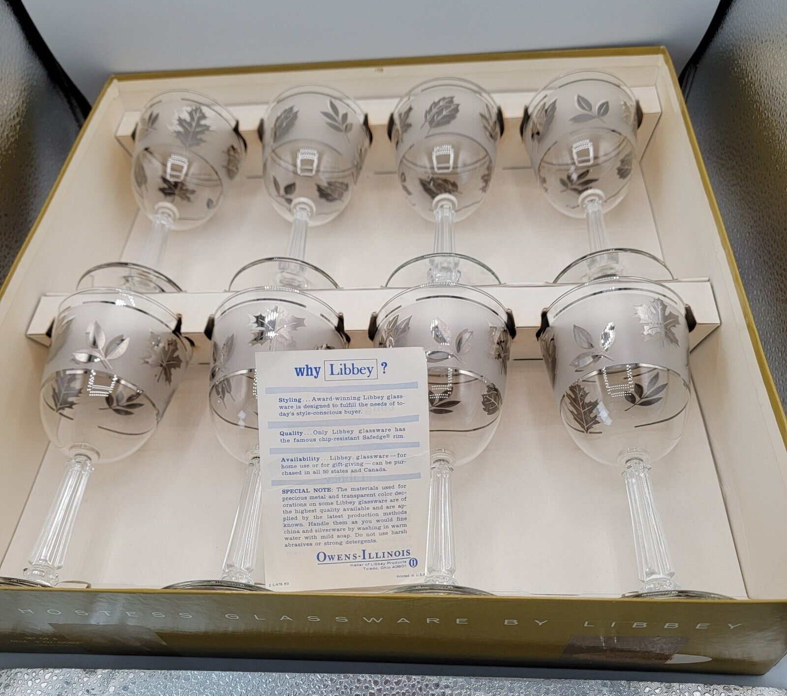 Vintage Libbey Hostess Silver Leaf  Set of 8 Goblets. 9 Oz. In Original Box 
