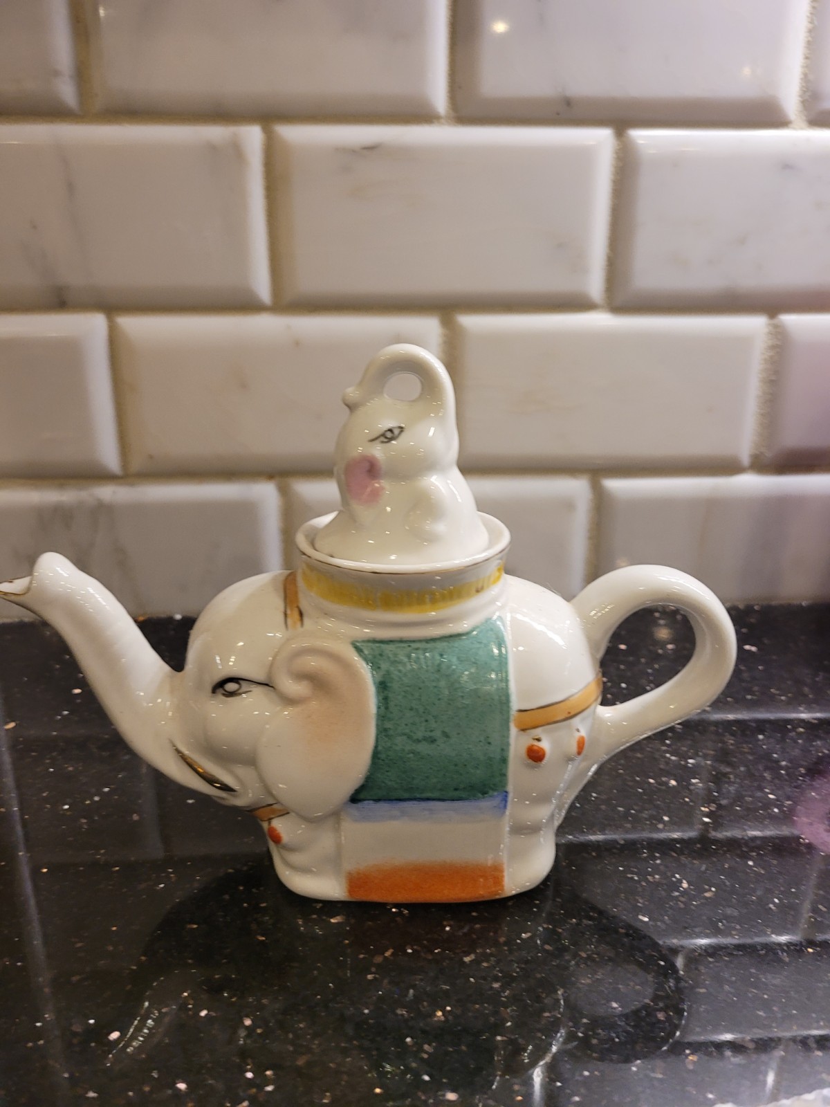 Vintage Chinese Porcelain Mother Elephant Tea Pot with Baby Lid & Hand Painted