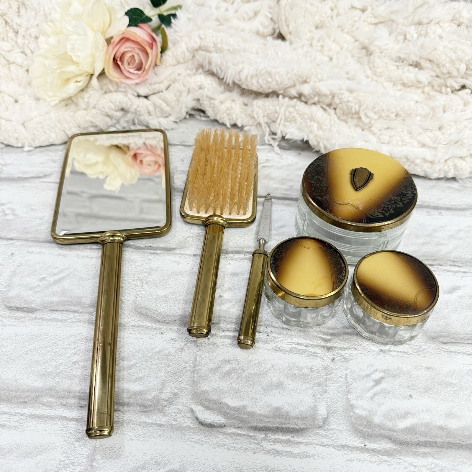 Vtg Floral Vanity Set 6pc Gold Tone Brass Matching Mirror Brush File & 3 Jars