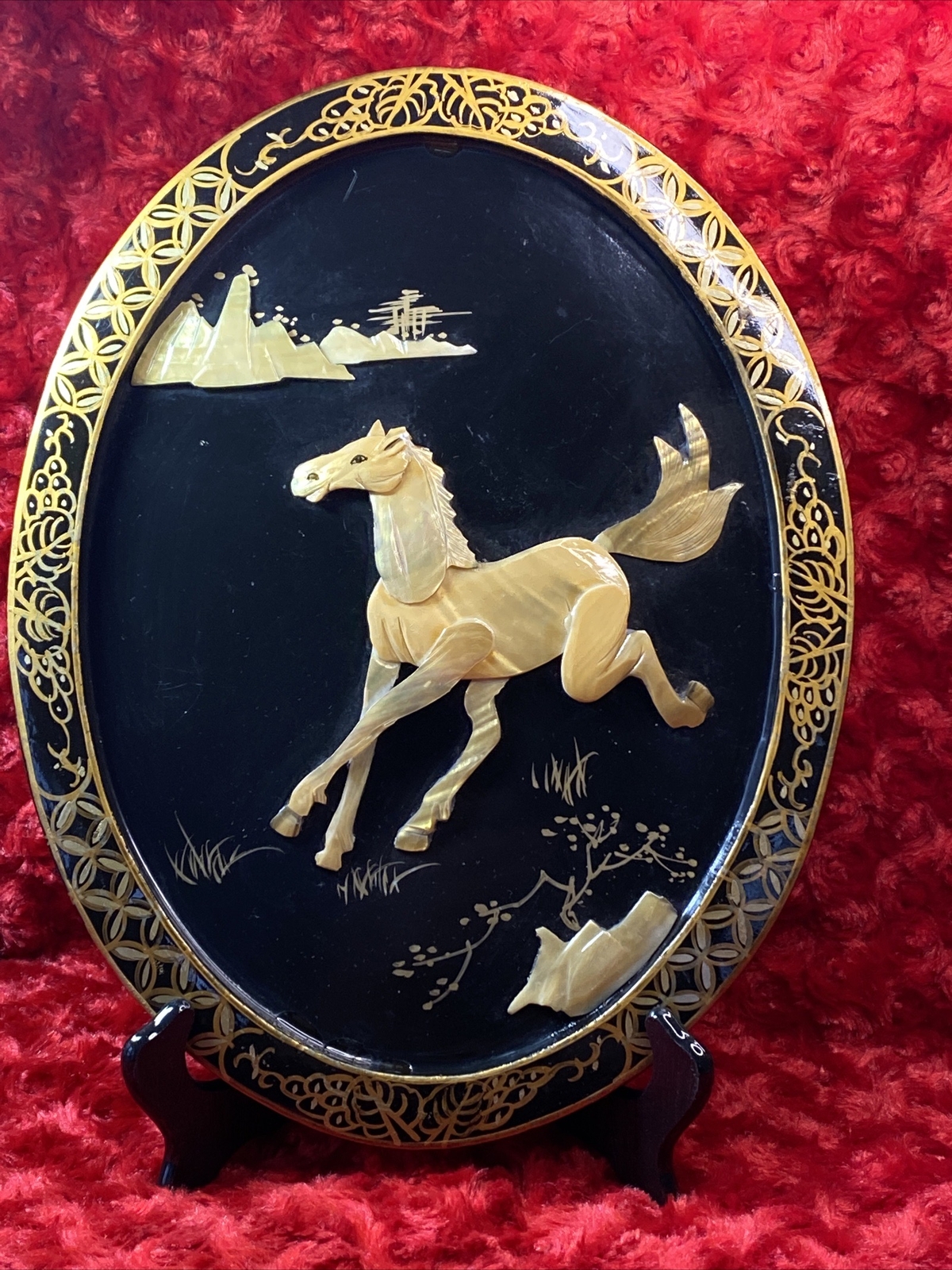 Vintage Black Lacquer Framed Oriental Mother Of Pearl Horse Picture With Stand Vintage Black Lacquer Framed Oriental Mother Of Pearl Horse Picture With Stand