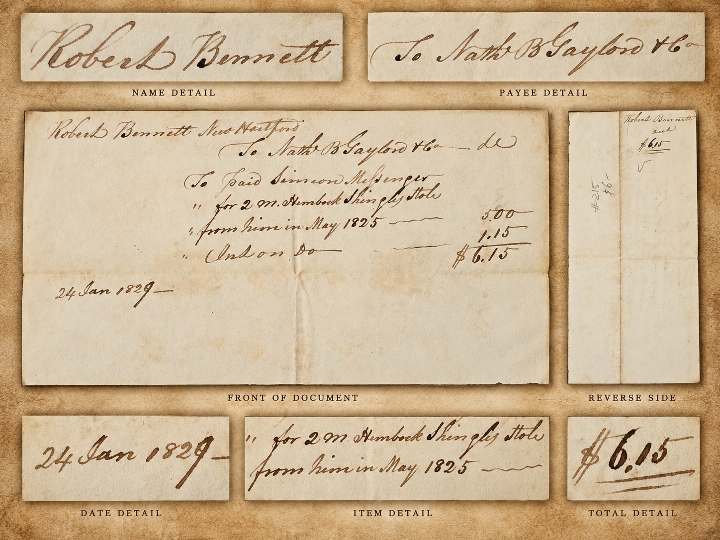 1829 New Hartford Stolen Hemlock Shingles Account Robert Bennett Gaylord & Co