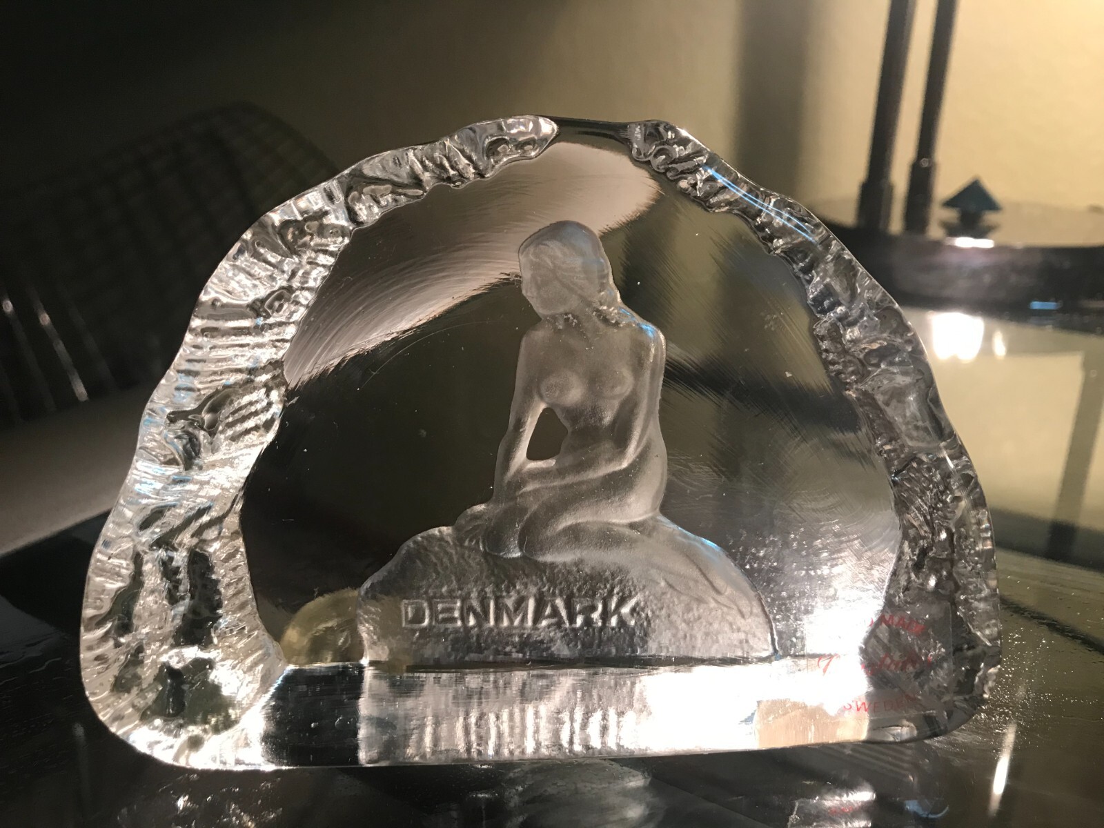Crystalex SWEDEN Glass PAPERWEIGHT Danish Nude Mermaid on Rock