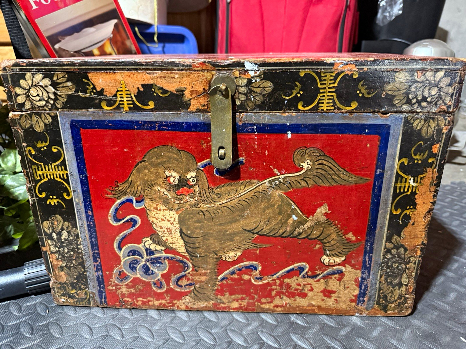 Antique Tibetan Wooden Chest Box Red Lacquer HandPainted Snow lion Foo Dog 19th