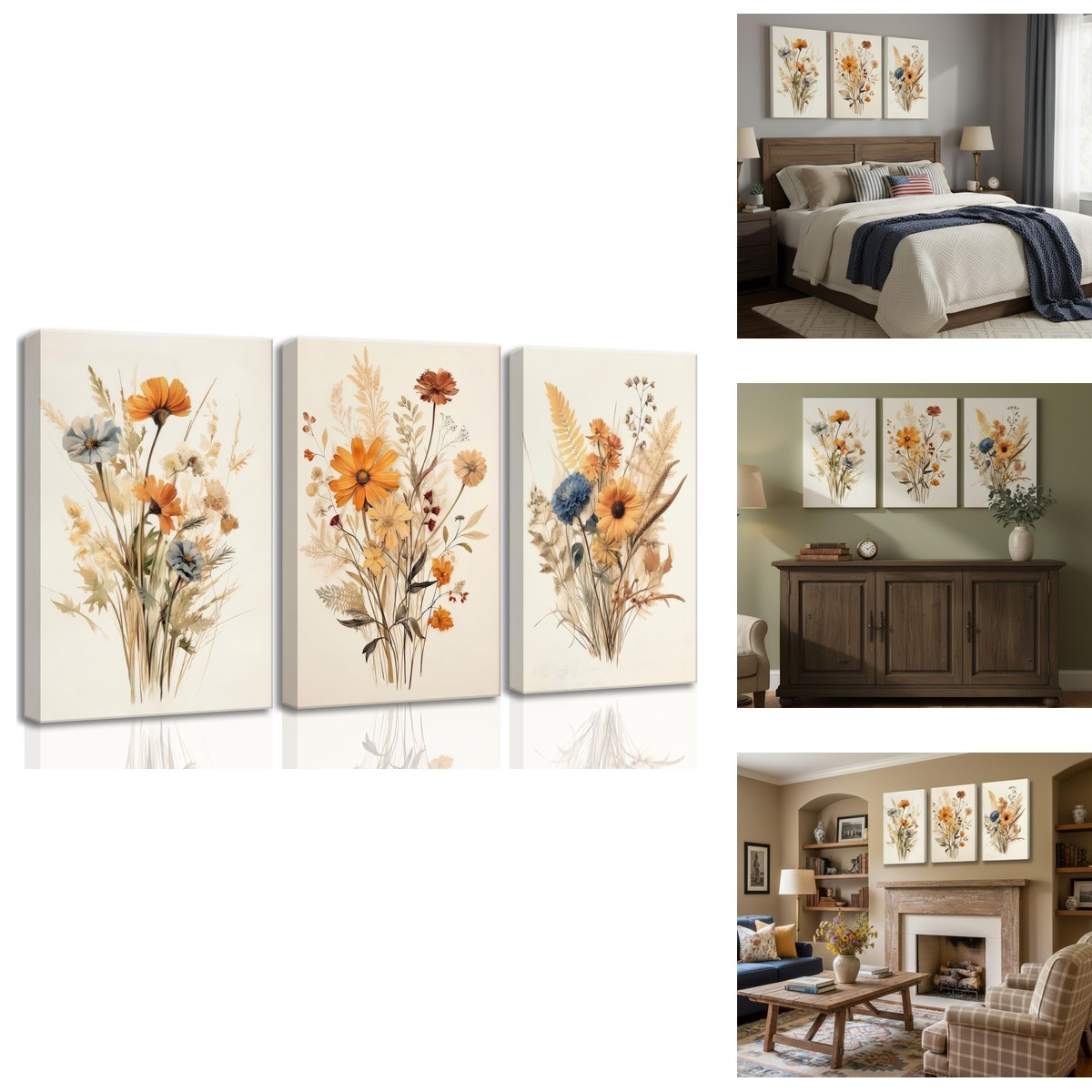 3Pcs Vintage Wildflower Canvas Wall Art Poster Watercolor Botanical Flowers