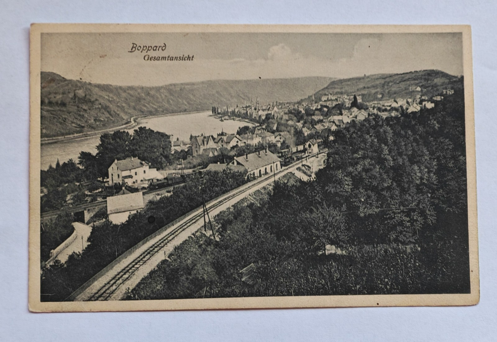 Postcard Boppard Rhine general view railway 1909 station railway panorama Trenkler