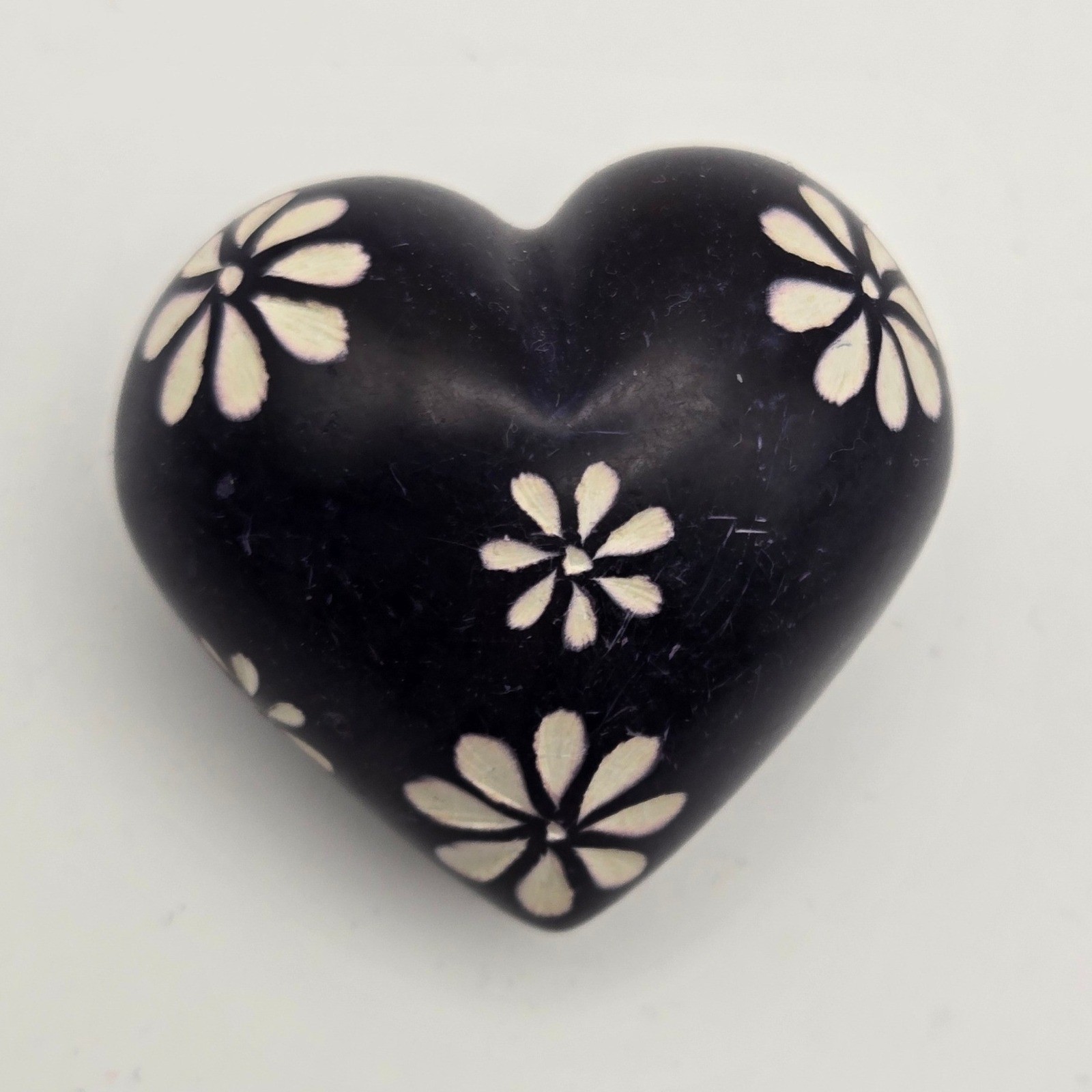 Hand Carved Soapstone Heart Paperweight White Daisy Floral Boho Decor
