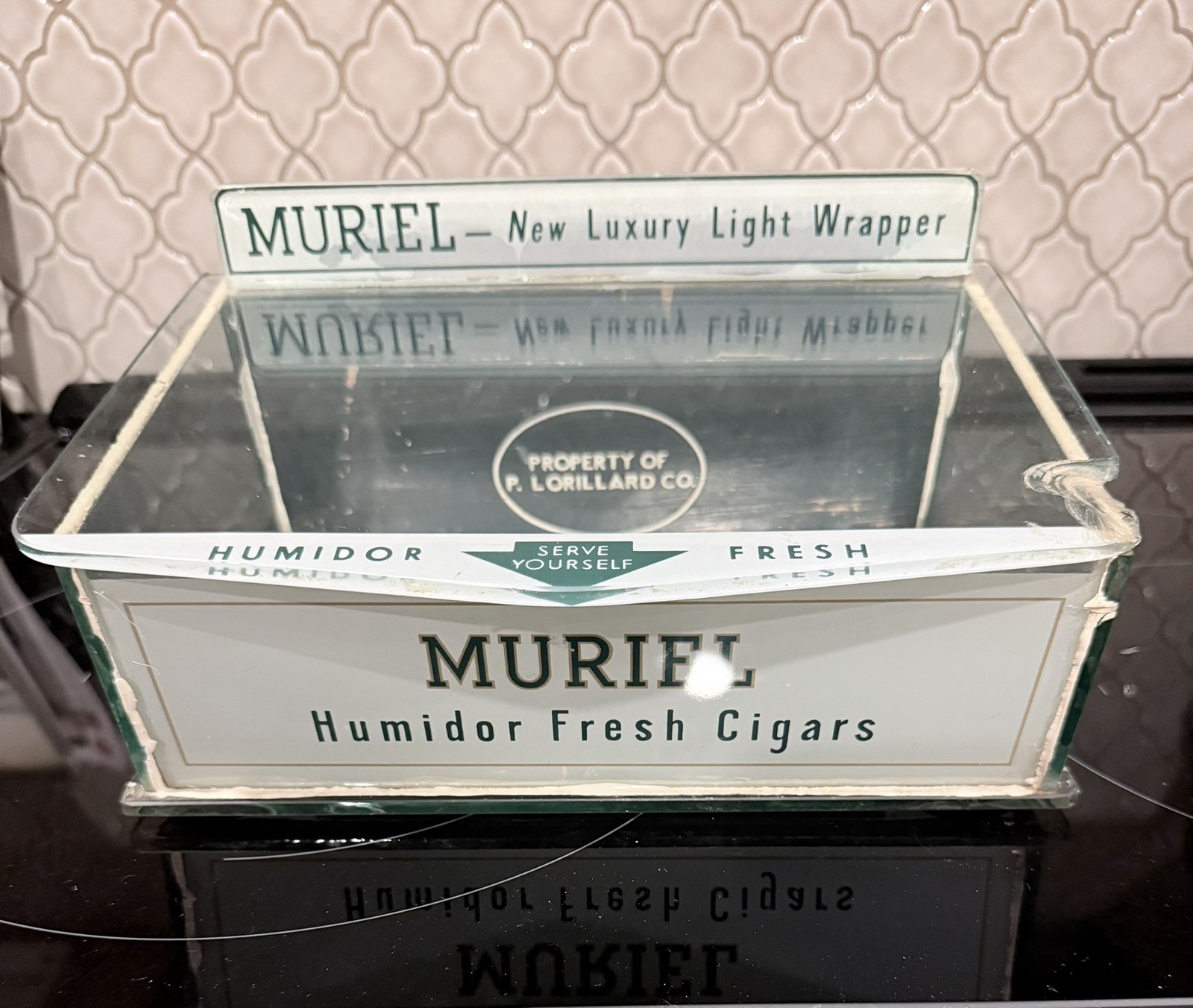 Muriel Glass Humidor Aztec Clay Moistener HAVANA P Lorillard Cigar Box Display