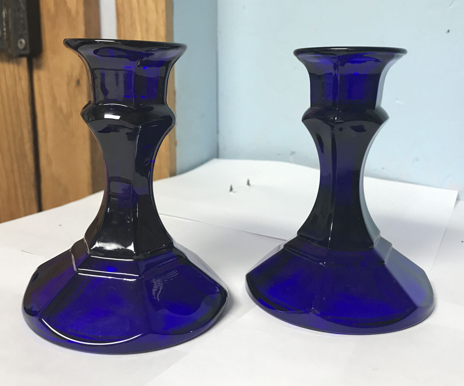 Libbey Cobalt Blue Glass Candlesticks Candle Holders Six Panel Set Of (2) 4 1/4\