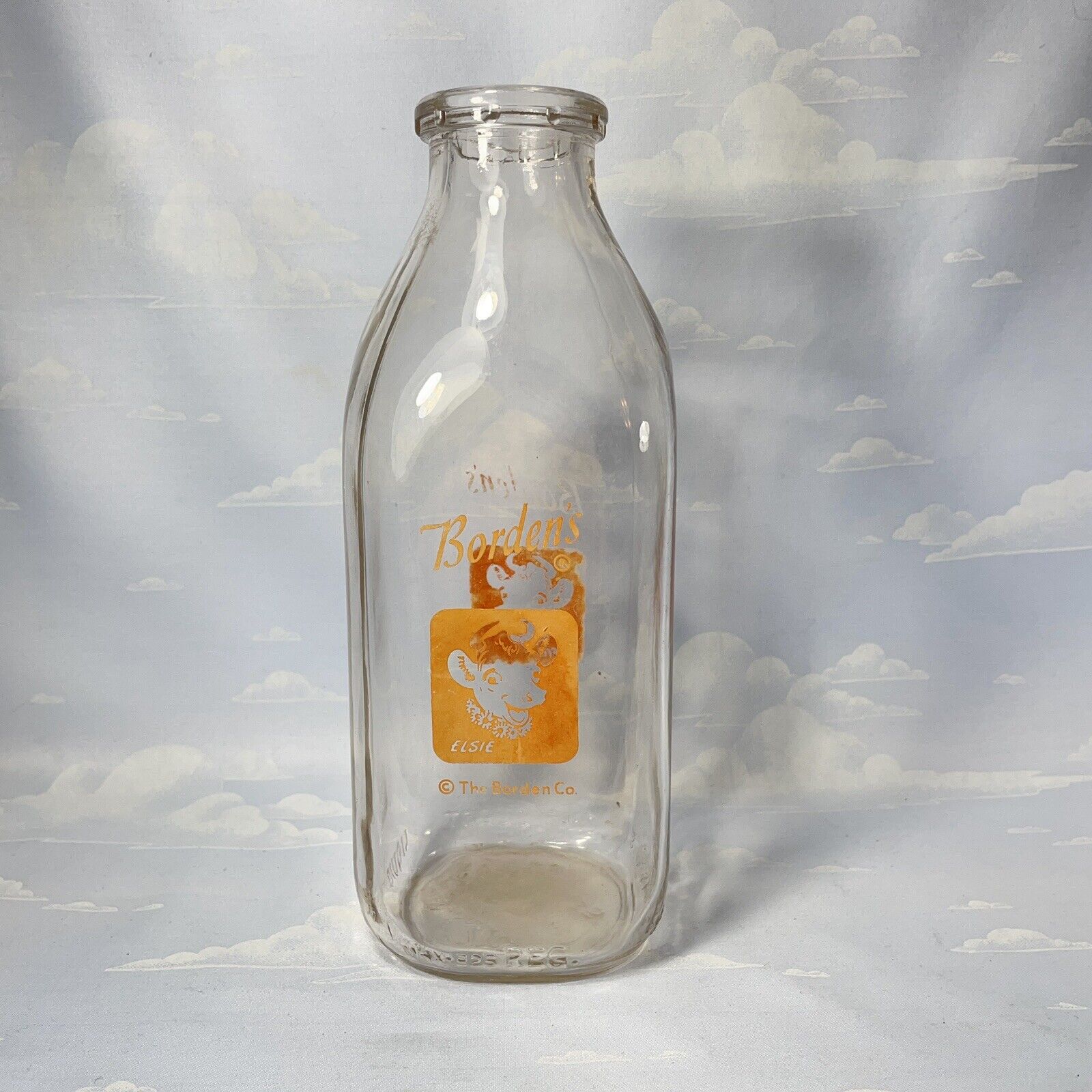 Borden\'s Glass Quart Milk Bottle Elsie the Cow Graphic  Duraglas 57 Vintage 9”