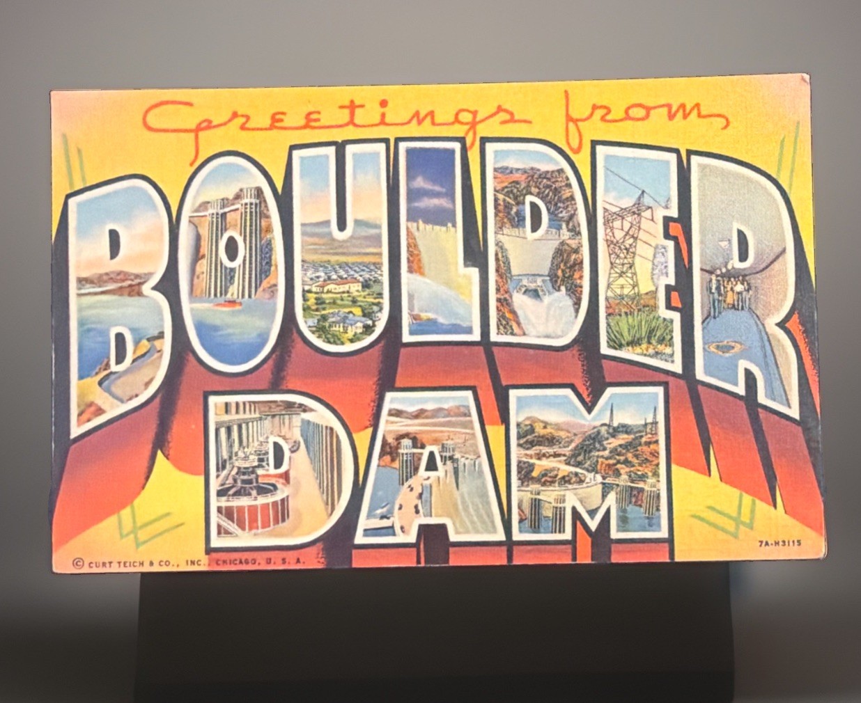 Vintage Large Letter Postcard Greetings from Boulder DAM Curt Teich Unused