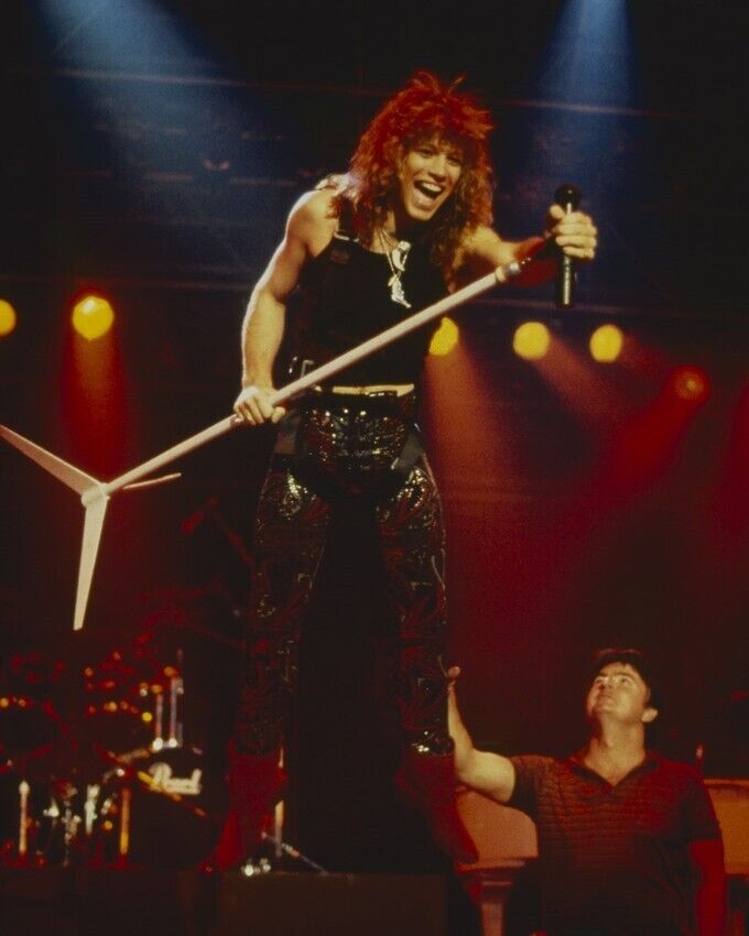 Jon Bon Jovi iconic 1980's on stage in concert holding mike stand 24x36 Poster