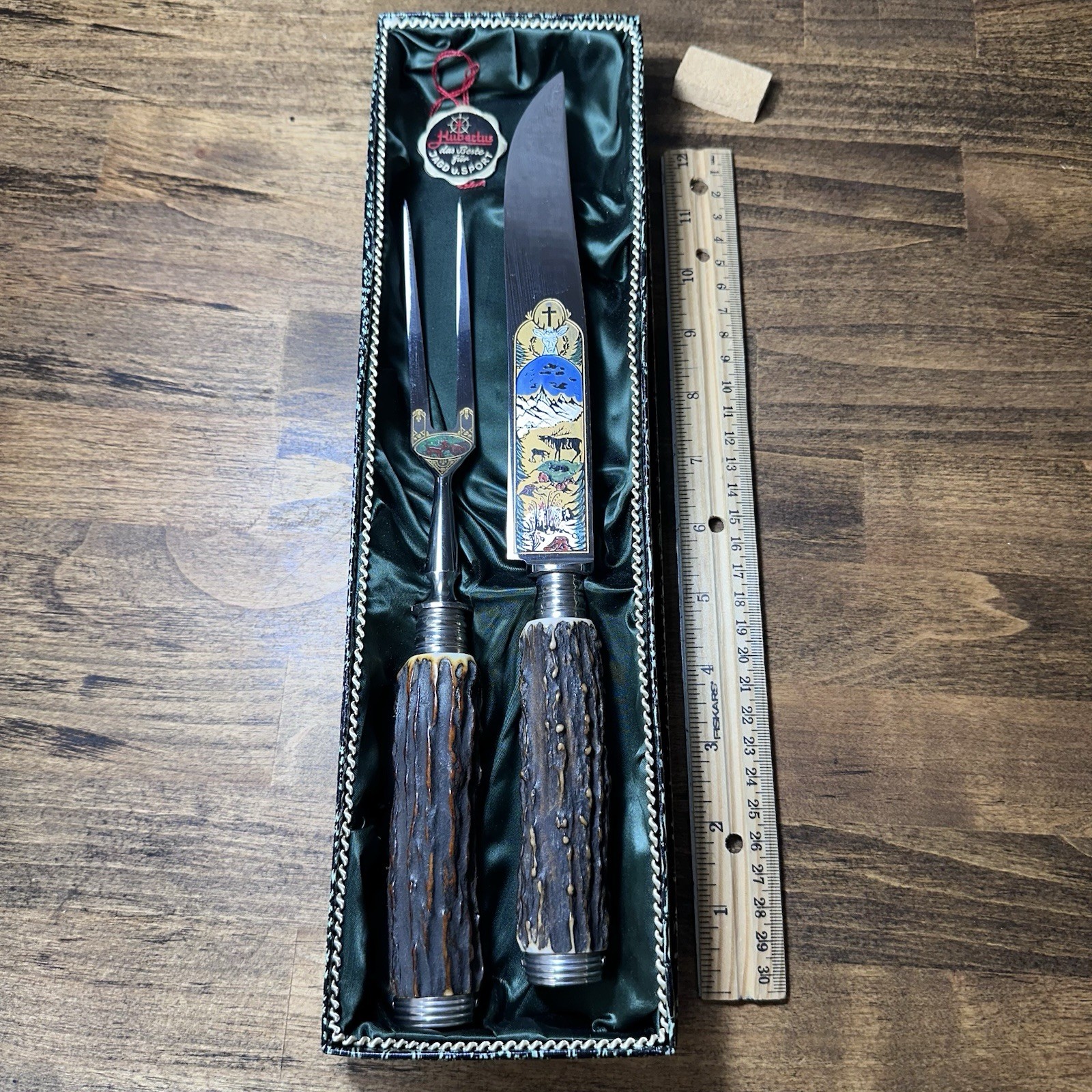 Vtg Hubertus Solingen Germany Stag Handle Carving Set Etched Blade Knife Fork