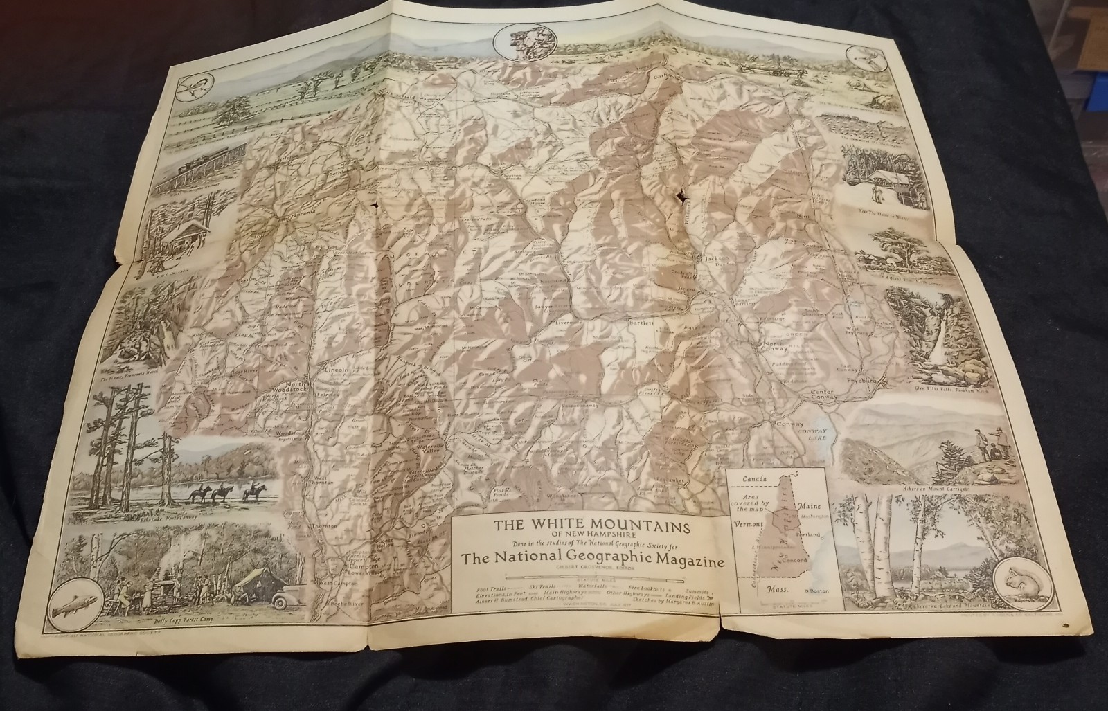 Vintage 1937 White Mountains of New Hampshire Map National Geographic Society