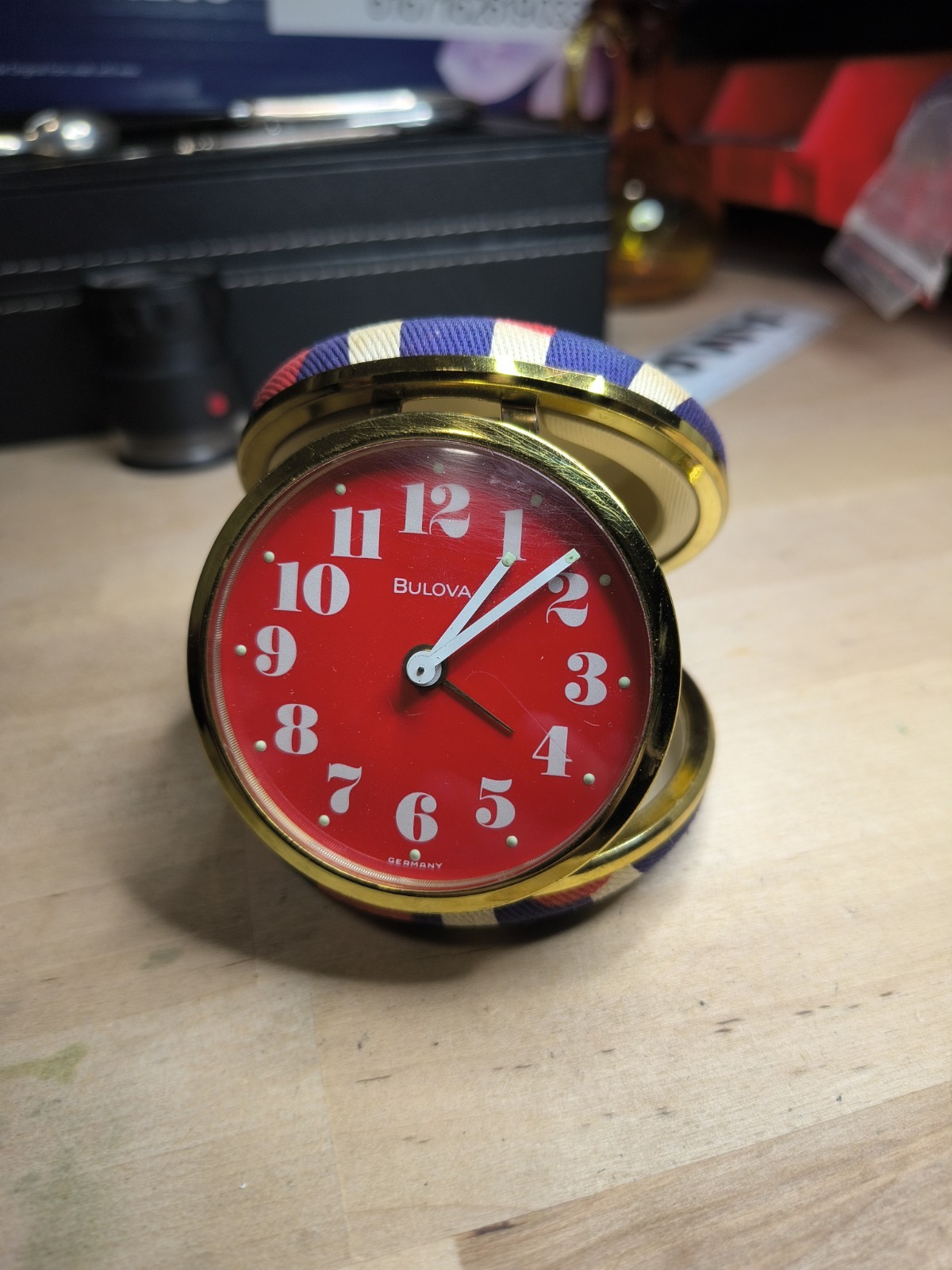 Vintage Bulova Travel Alarm Clock Red Face Union Jack Stripe Clamshell Germany Vintage Bulova Travel Alarm Clock Red Face Union Jack Stripe Clamshell Germany