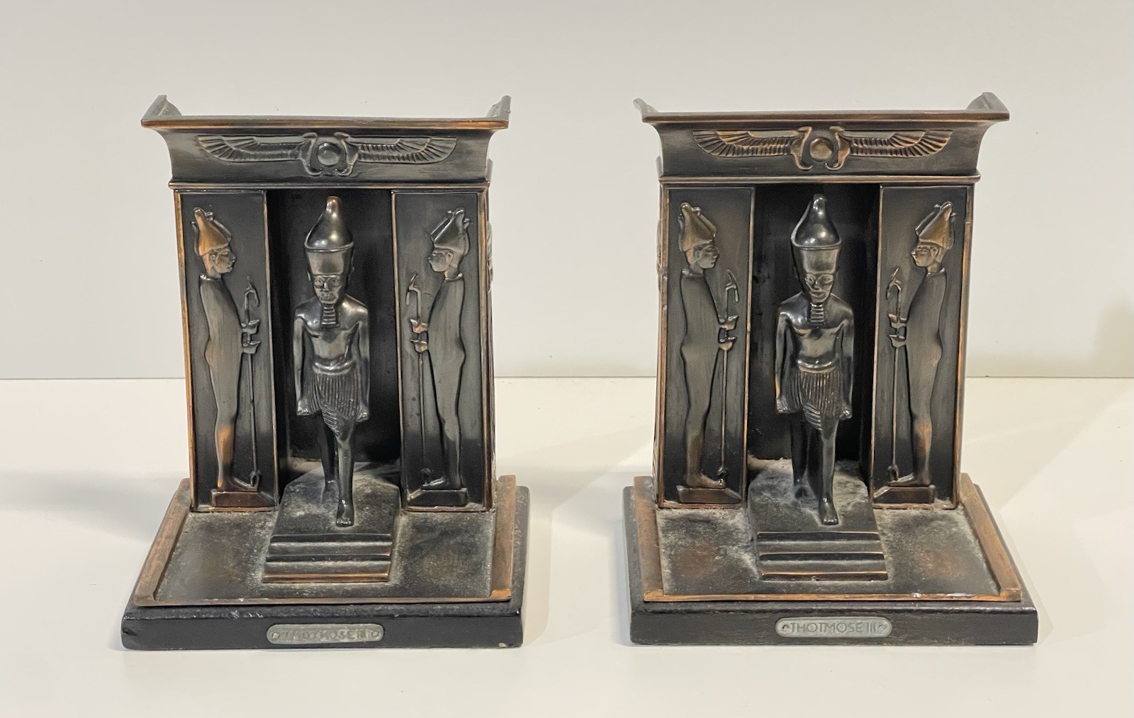 Antique Vintage Pair Egyptian Pharaoh Bookends Copper Metal Thotmose III
