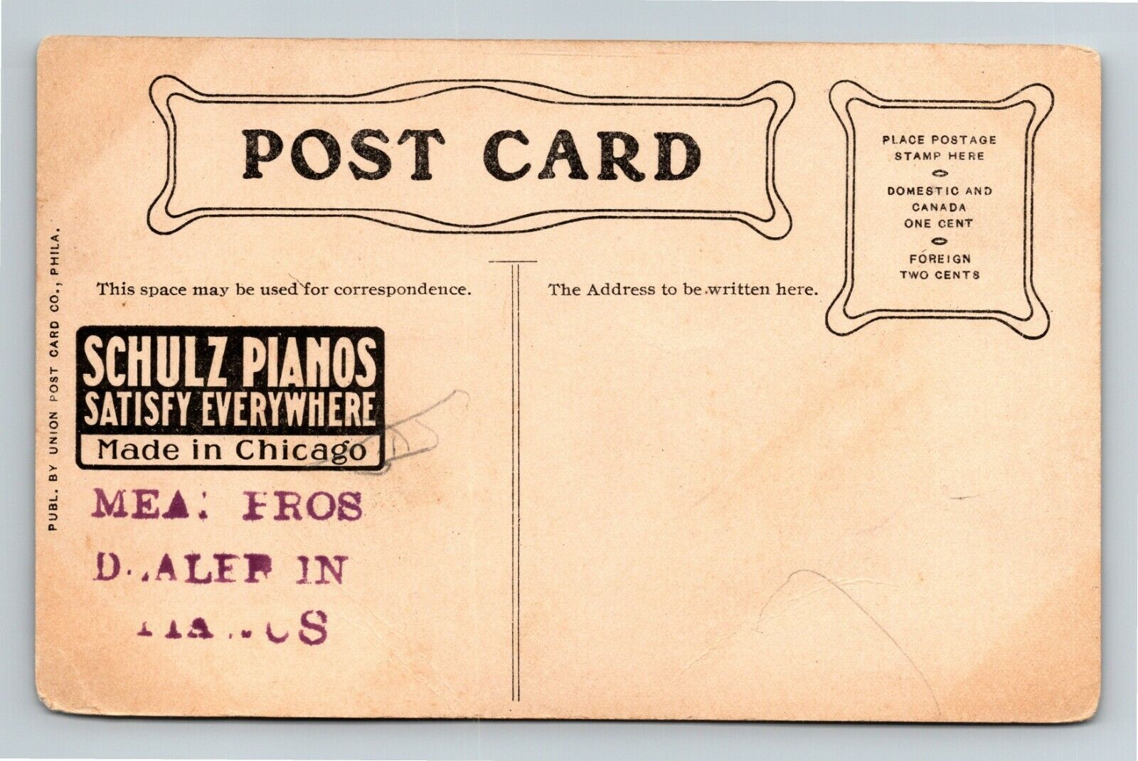 Advertising-SCHULZ PIANOS-Chicago Illinois c1910 Vintage Postcard