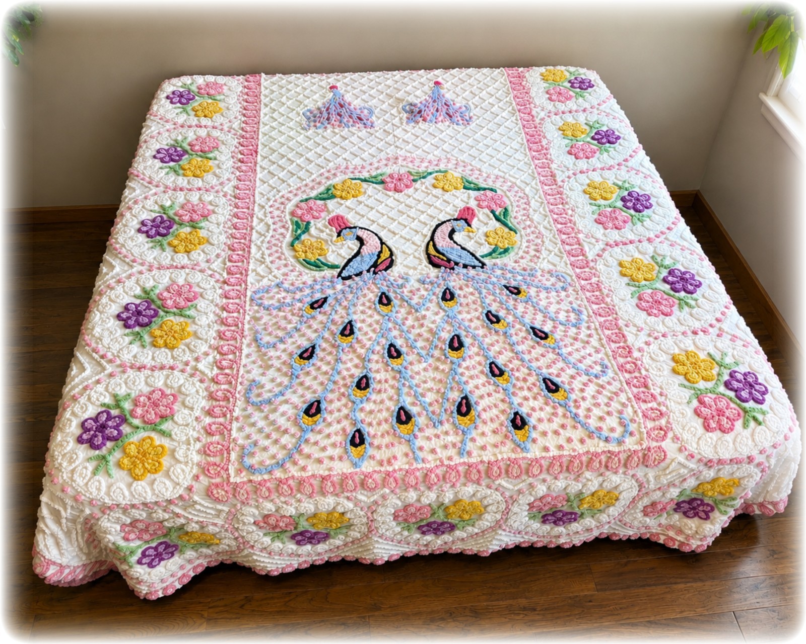 Vintage Chenille Double Peacock Bedspread: Peacock, Hearts, Flowers Popcorns EUC