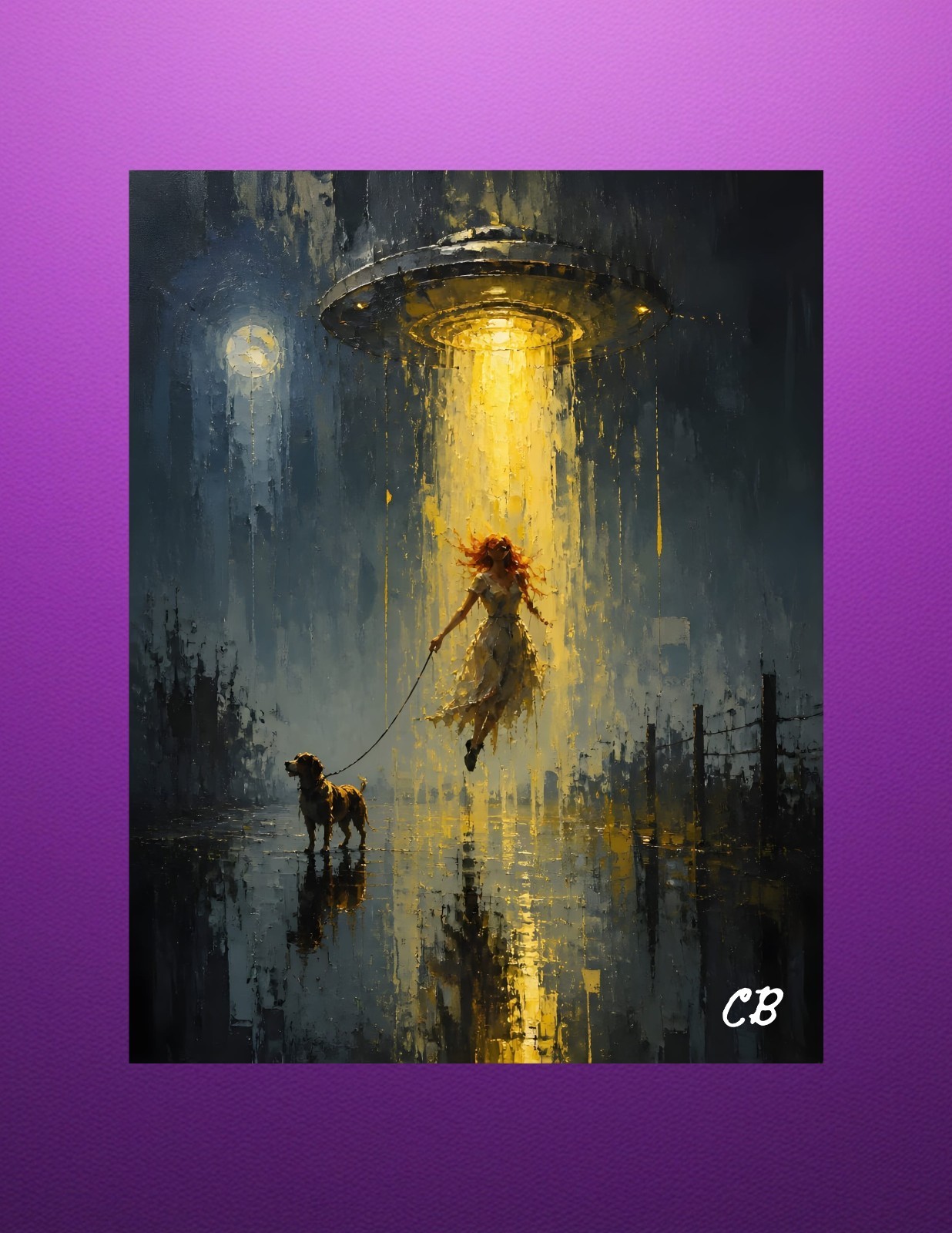 UFO Abducts Woman & Dog | ACEO Art Card | UAP Abduction | Impressionist Oil