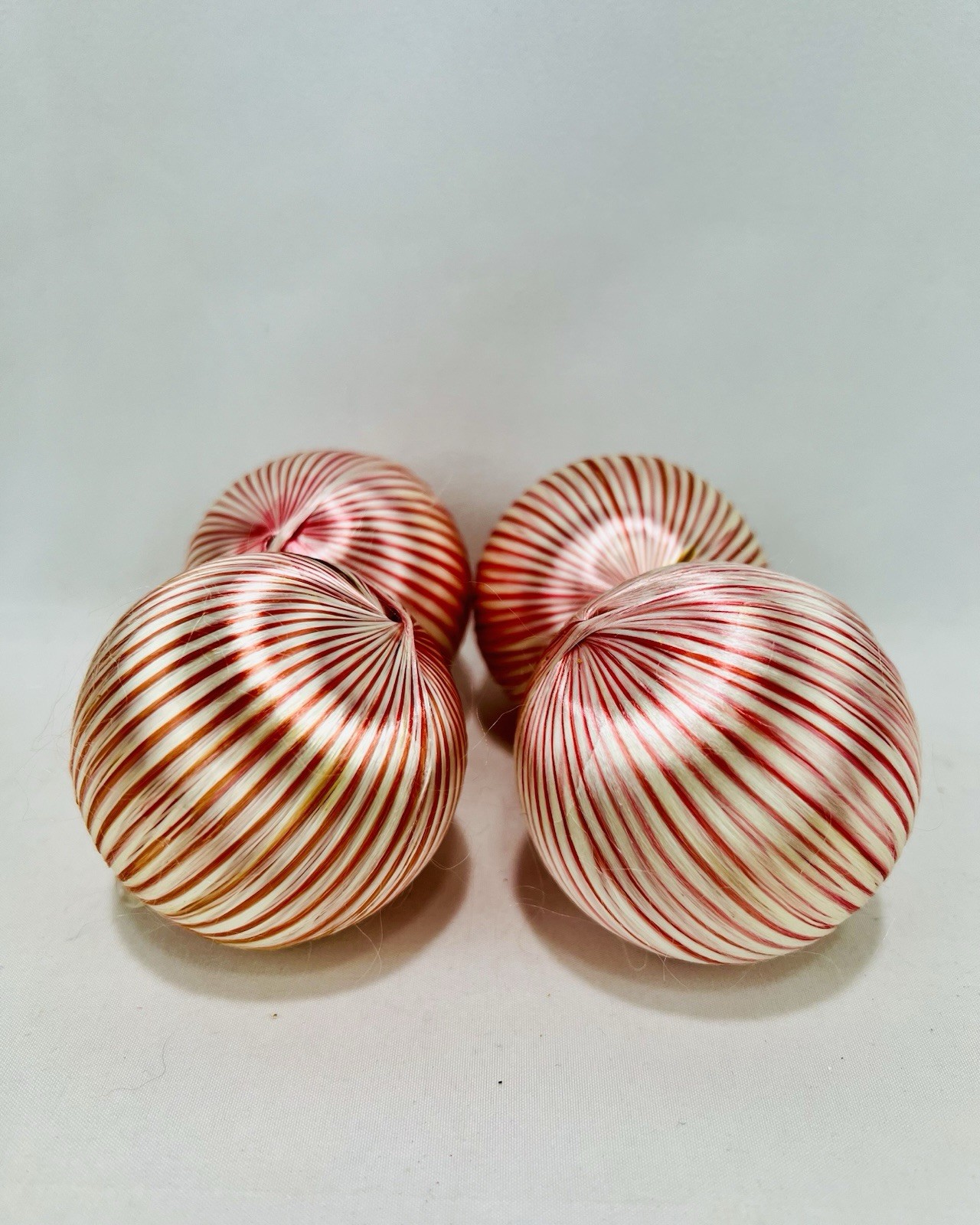 4 Vintage Silk Spun Christmas Ornament Round Peppermint Satin Red White Stripes