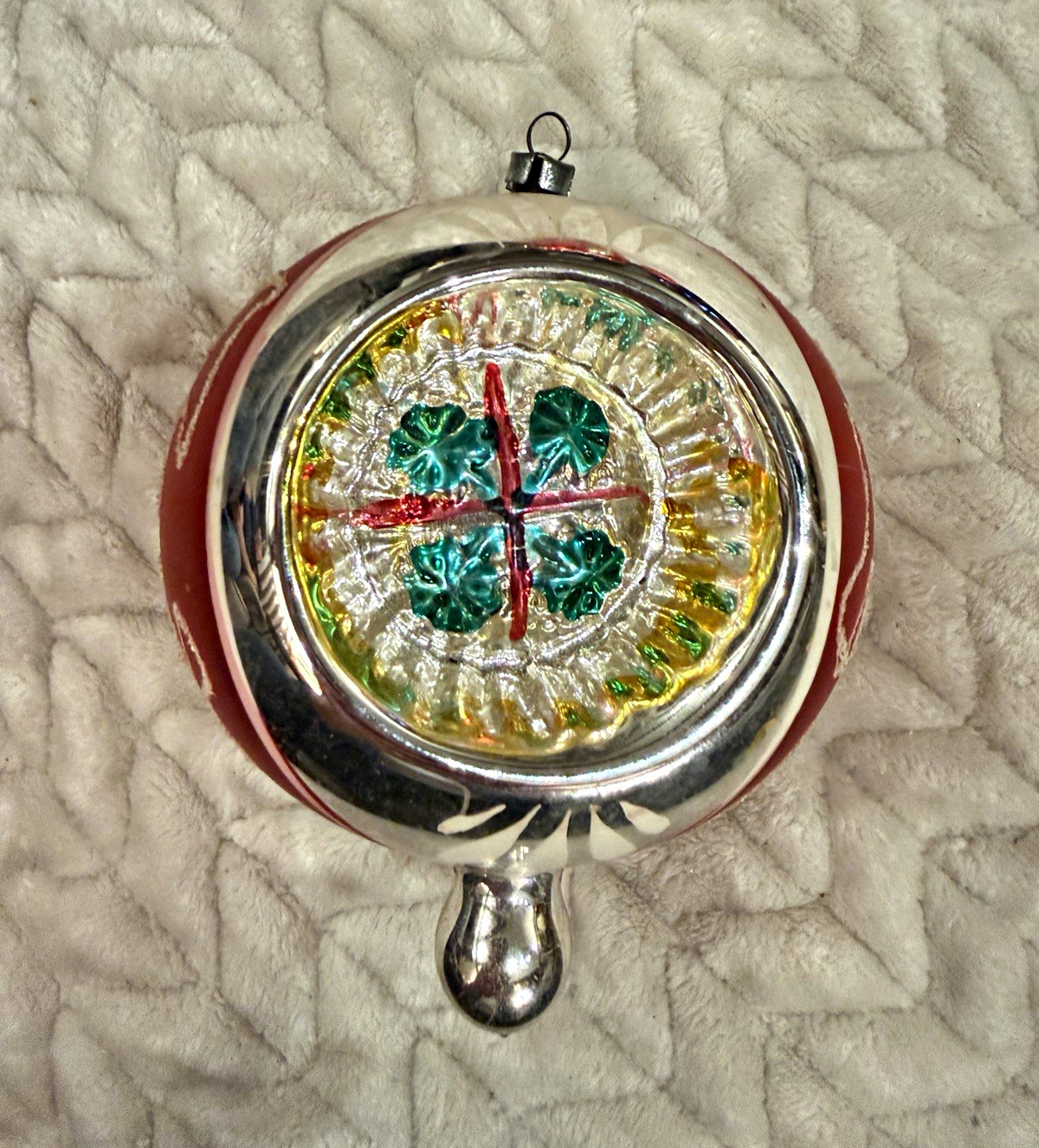 Vintage 4” Jumbo Glass Christmas Ornament Shamrock Clover Reflector Indent Drop