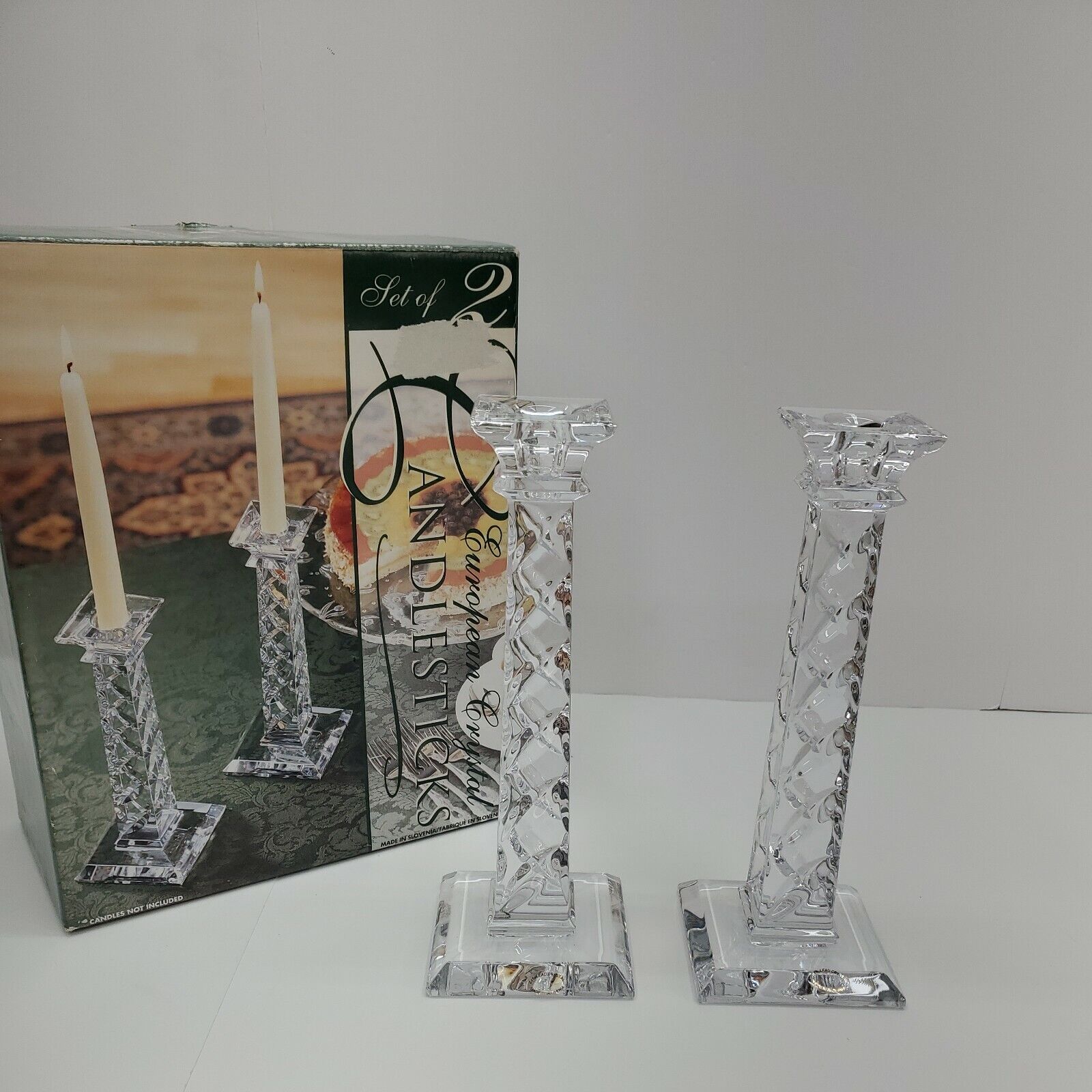 European 24% Lead Crystal Candlesticks Set of 2 Made in Slovenia New in Box