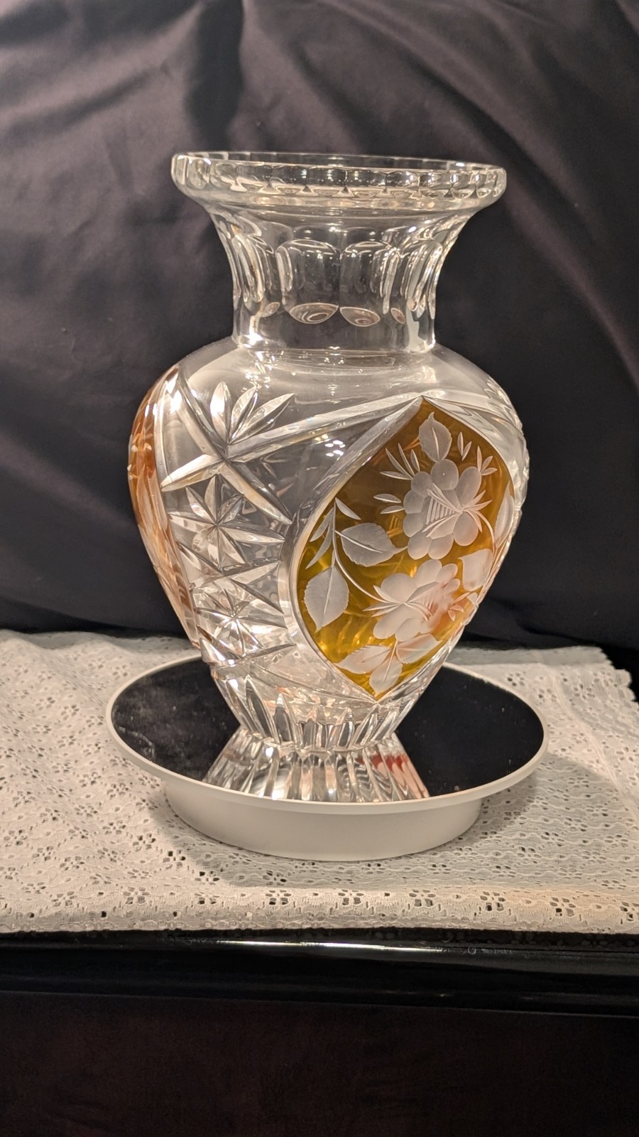 Vintage Julia Poland Amber Cut To Clear Crystal Vase 10.5\