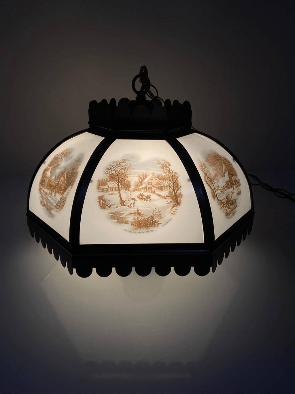 Vtg Currier & Ives Metal Glass Six Panel Farmhouse Electric Hanging Swag Lamp
