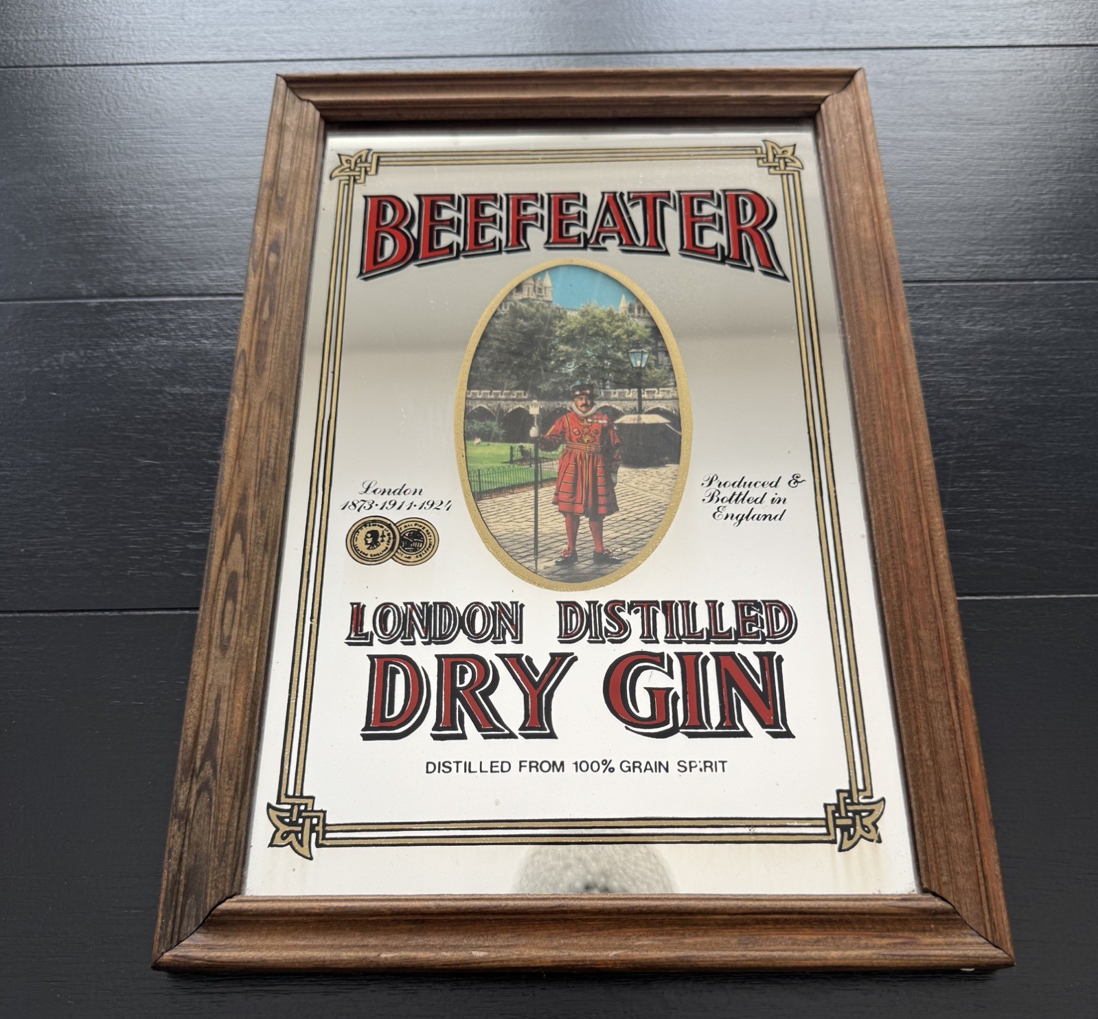 Vintage Beefeater London Dry Gin Advertising Mirror Bar Pub Sign Framed RARE