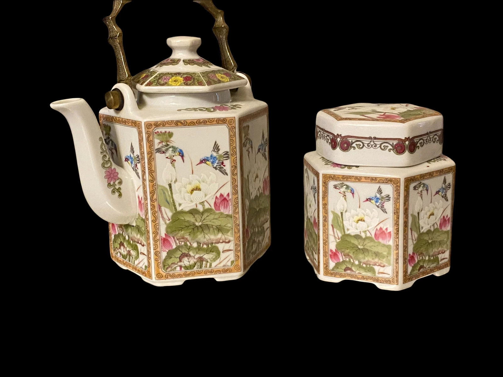 Vintage Oriental Porcelain Teapot & Jar, Hand Painted Teapot 6.75”, Jar 4”