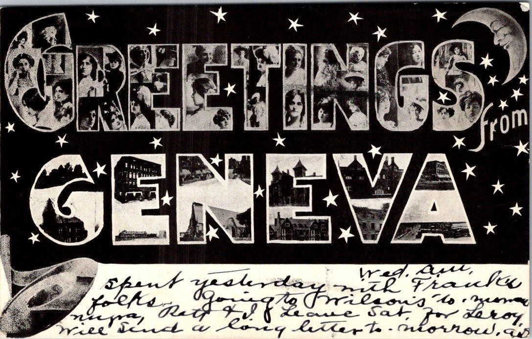 Pre-1907 GREETINGS from GENEVA NY WOMENS FACES in LETTERS MAN in MOON POSTCARD