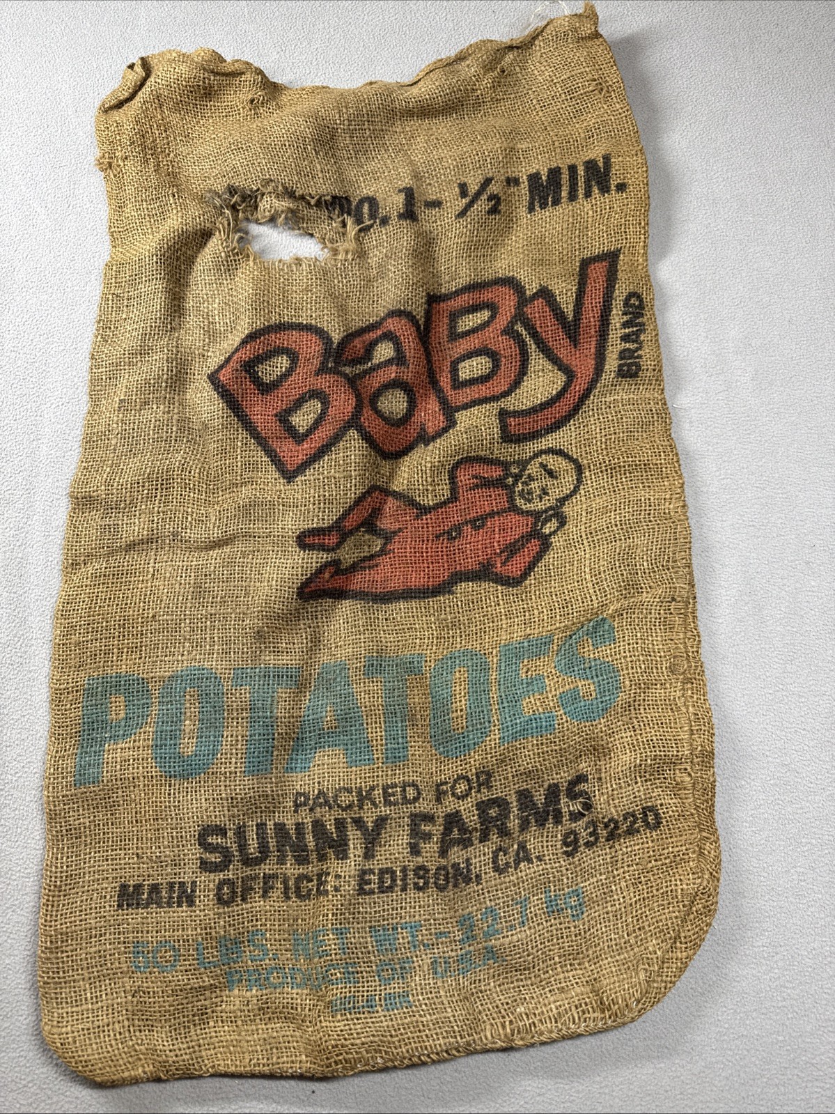 Vintage Burlap Baby Potatoe Sack Sunny Farms California Wall Art (50lb)