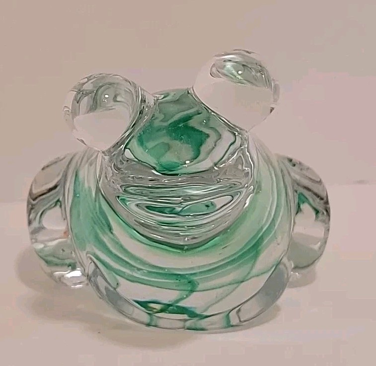 Vtg Art Glass Frog Clear with Green Swirls Paperweight Figurine Desk Decor 