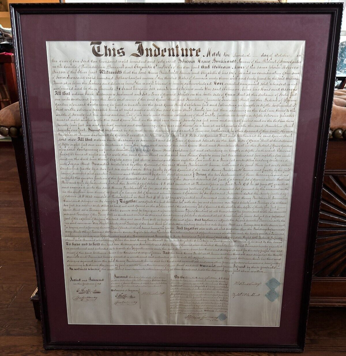 Antique 1848 Indenture Contract Philadelphia USA William Amer & Henry Burkhardt