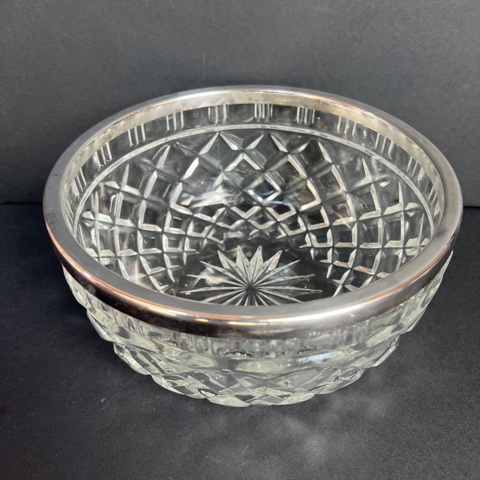VTG Heavy Cut Glass Serving Bowl with Silver Plated Rim Large 8.25” Made England