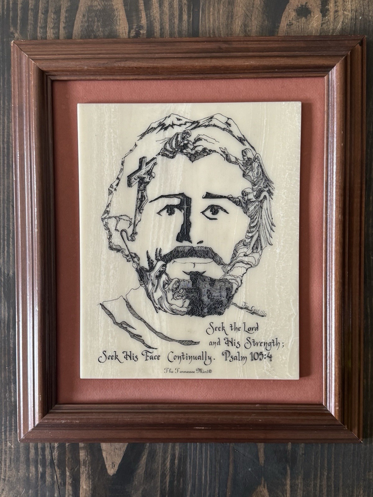 Vintage Tennessee Mint Joe Castillo Jesus Cultured Marble Psalm 105:4 Framed
